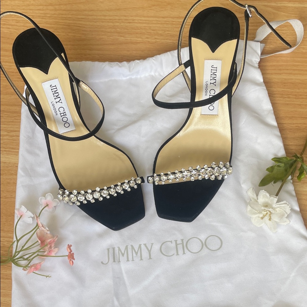 Jimmy Choo Miera 85 Black Heels with Crystal Accents